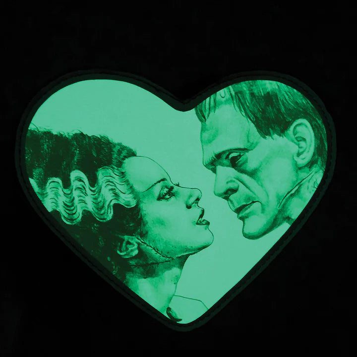 Frankenstein with bride heart cross body bag. GLOWS IN THE DARK!